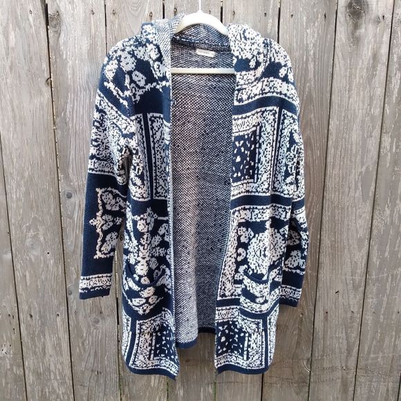 Andthewhy size S/M hooded knit open front cardigan blue white jacquard - Picture 1 of 8